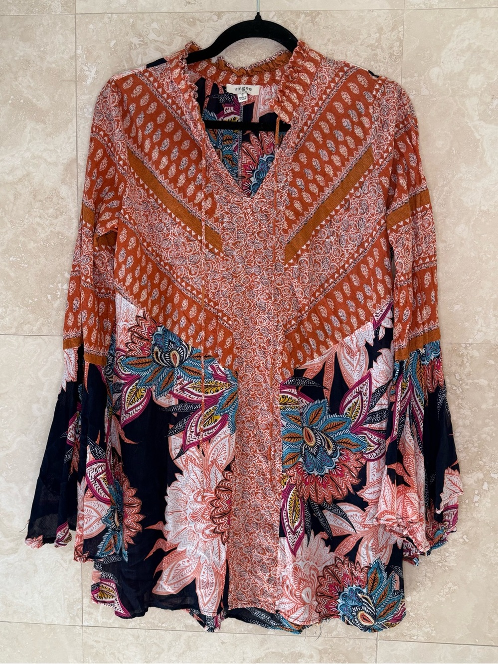Umgee Boho Floral Peasant Blouse Bell Sleeve Mixed Print Top Size Small